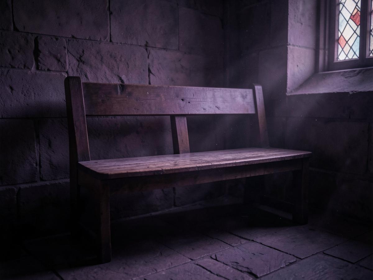 An empty wooden chapel bench in dim light, with pale light falling across the stone floor