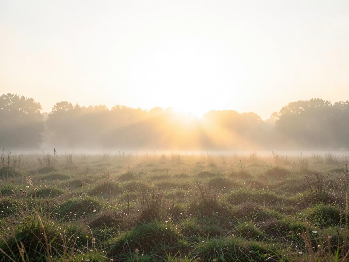 Mist lifting over an open field as the sun rises through distant trees